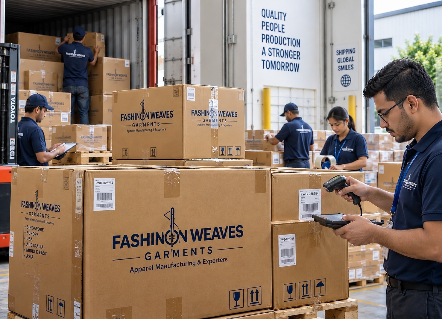 Fashion Weaves Garments team loading labeled export cartons onto a shipping container